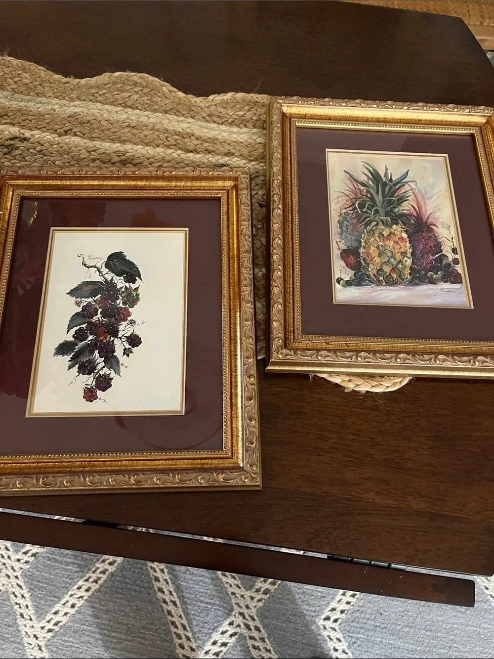 Gold Ornate Picture Frames with Maroon Matting - Pair